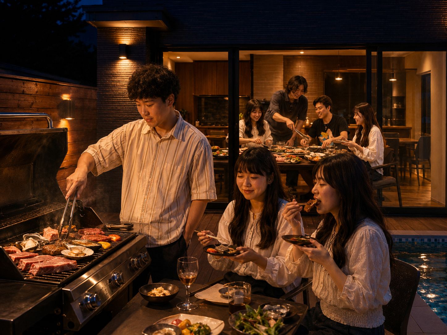 棟専用BBQスペースでの夕食